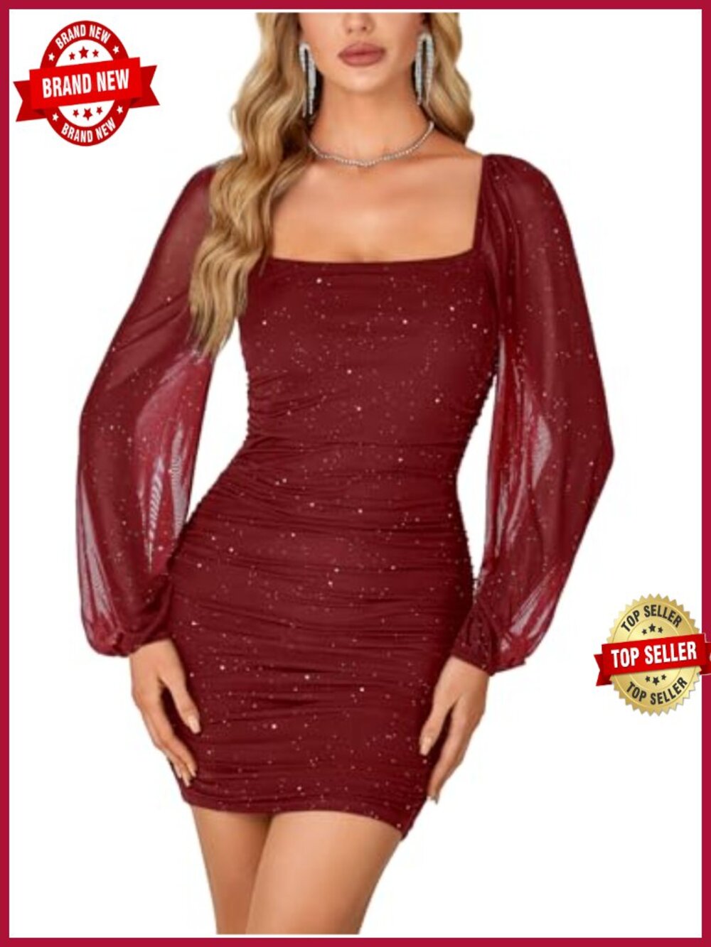 Glitter Mesh Long Sleeve Bodycon Mini Dress Square Neck Party Club